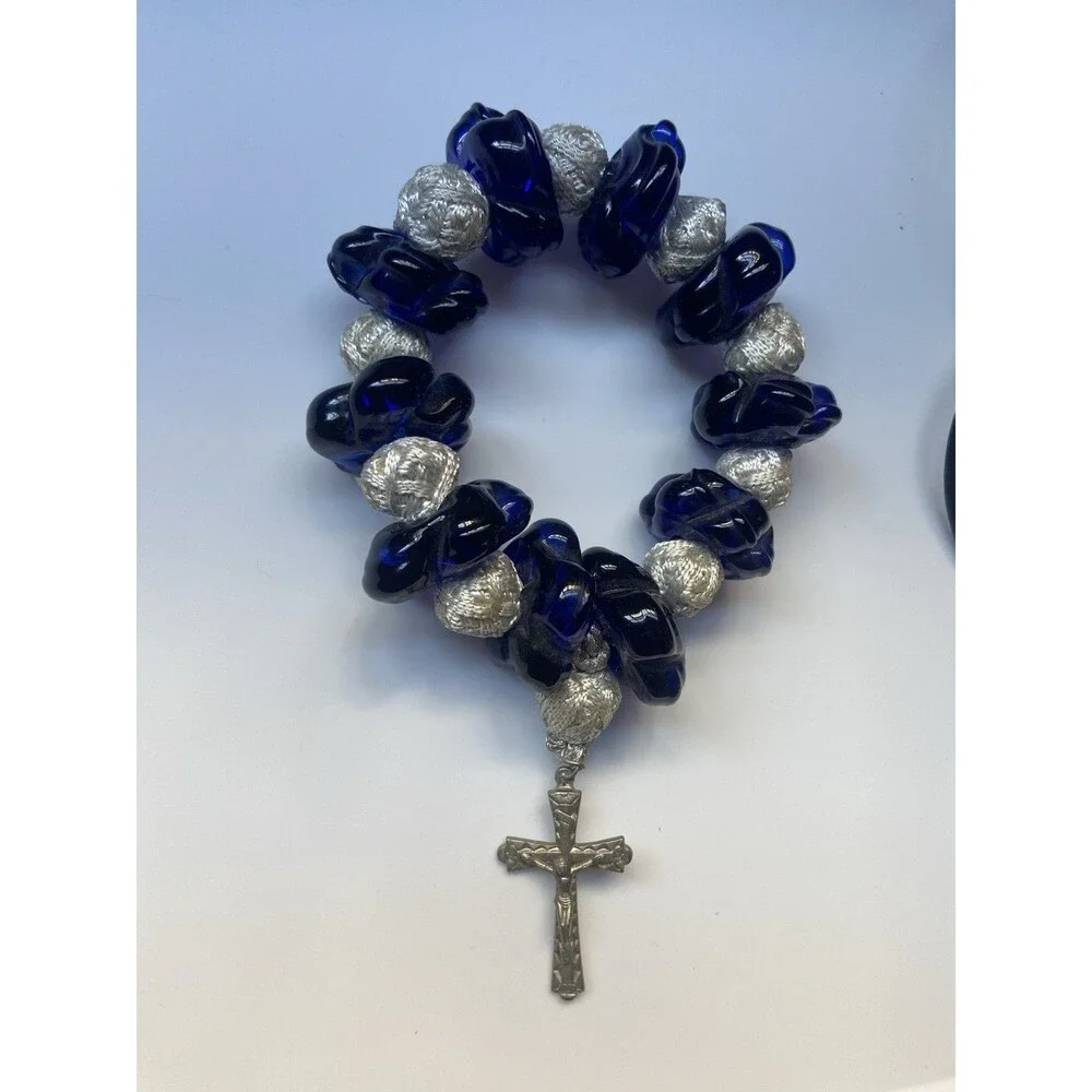 Vintage Italian Blue Murano Glass Rosary Beads Silver Tone Crucifix Handmade